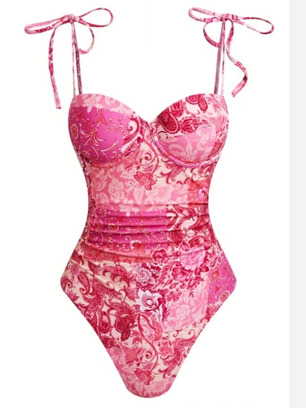 Pink Paisley One-Piece Swimsuit with Tie Straps